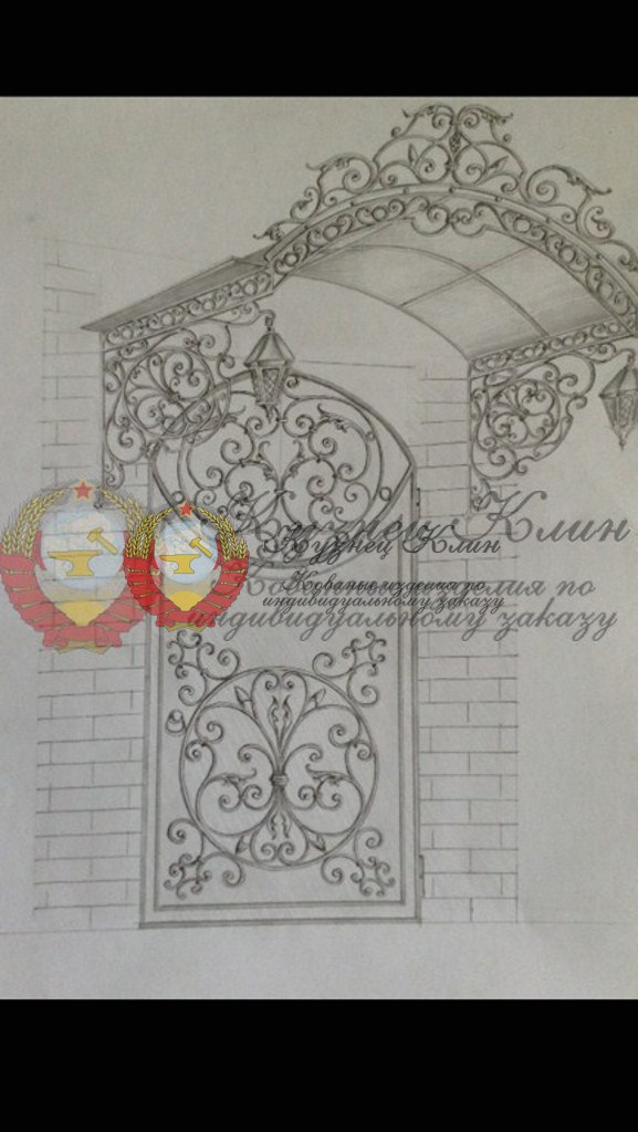Чертеж двери и козырька с ковкой
